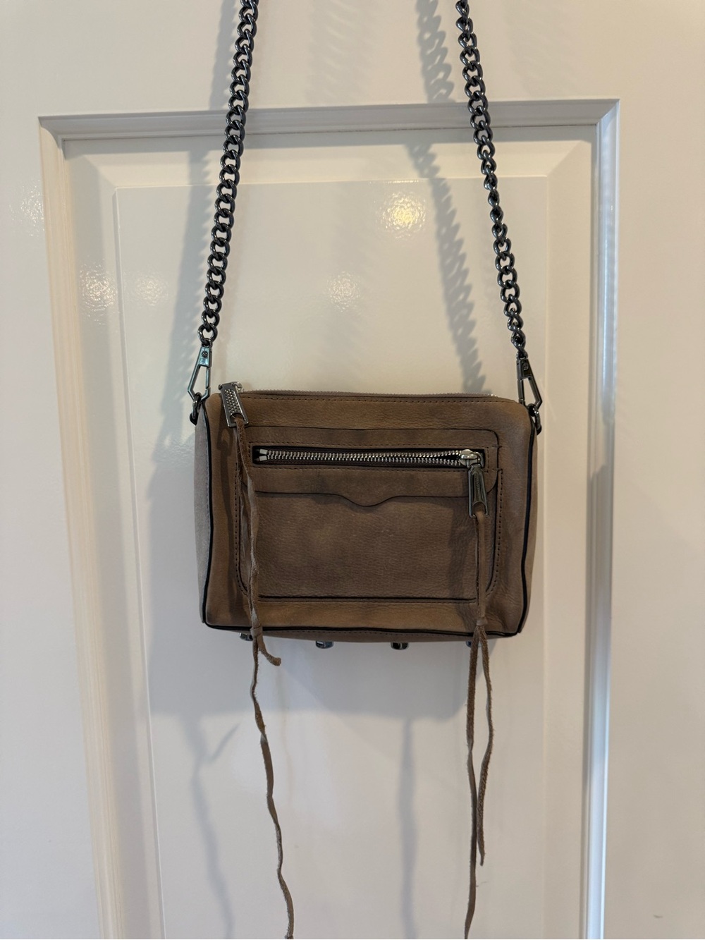 Rebecca Minkoff Taupe Leather Crossbody with Gunmetal Chain